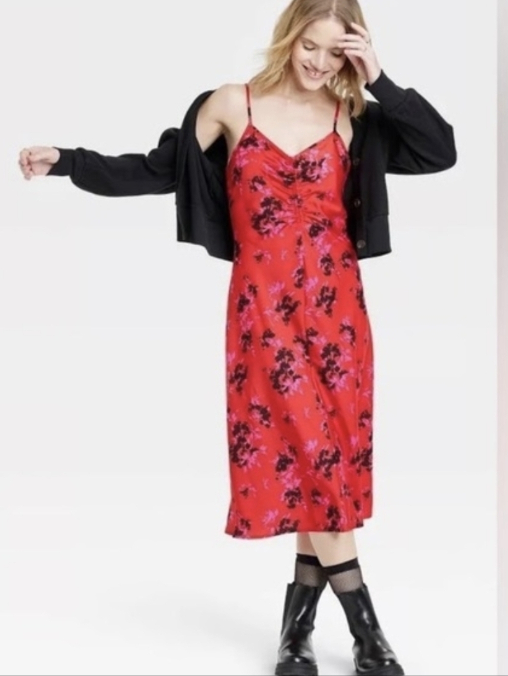 a new day Red Floral Midi Slip Dress with Black & Pink Print L - Picture 2 of 6